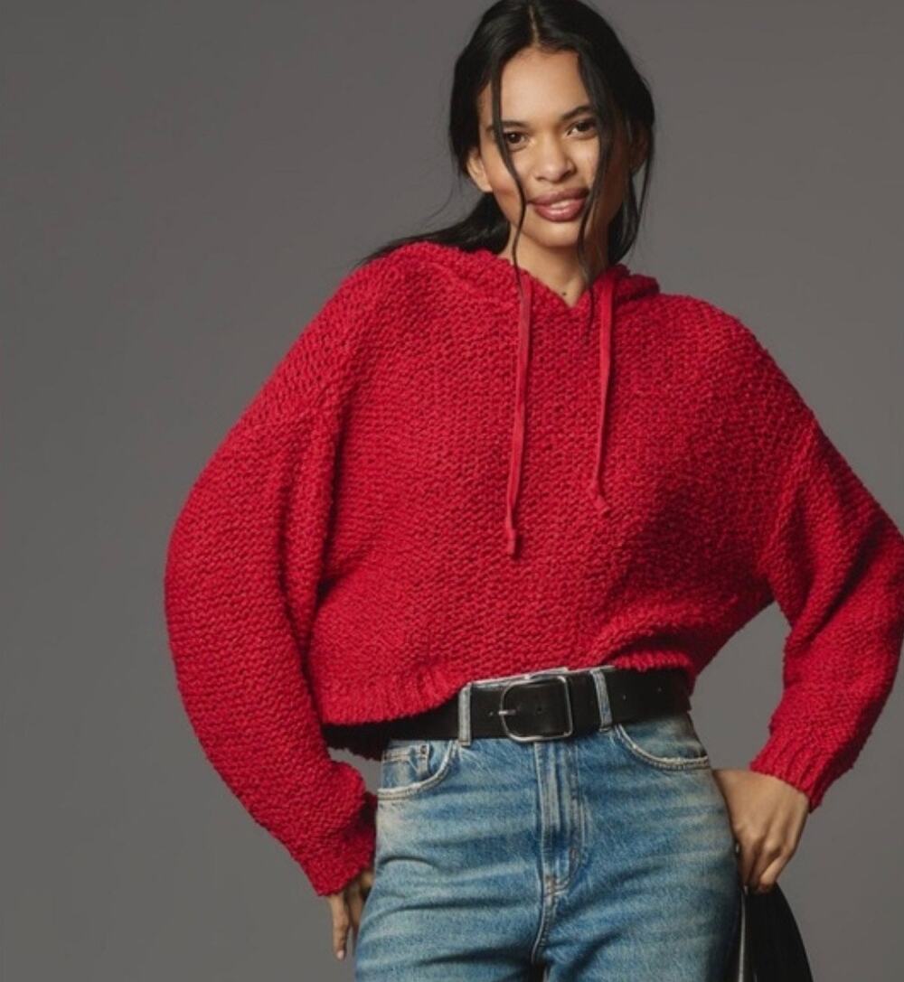 Pilcro Sailcoth Red Hooded Sweater Cropped Boxy Textured Chunky Knit - XS